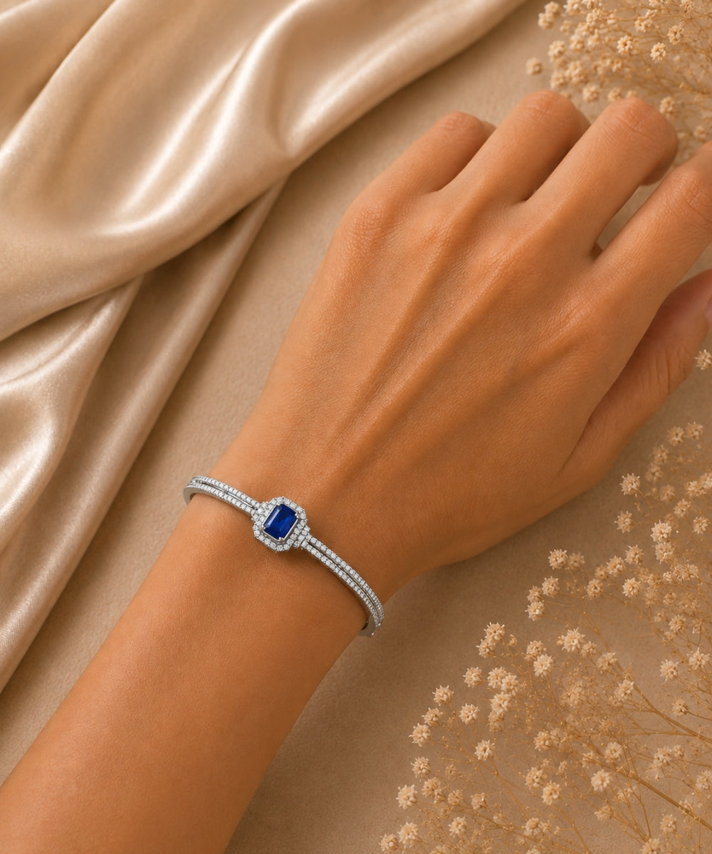 Rhodium Plated Blue Cubic Zirconia Halo Style Bracelet
