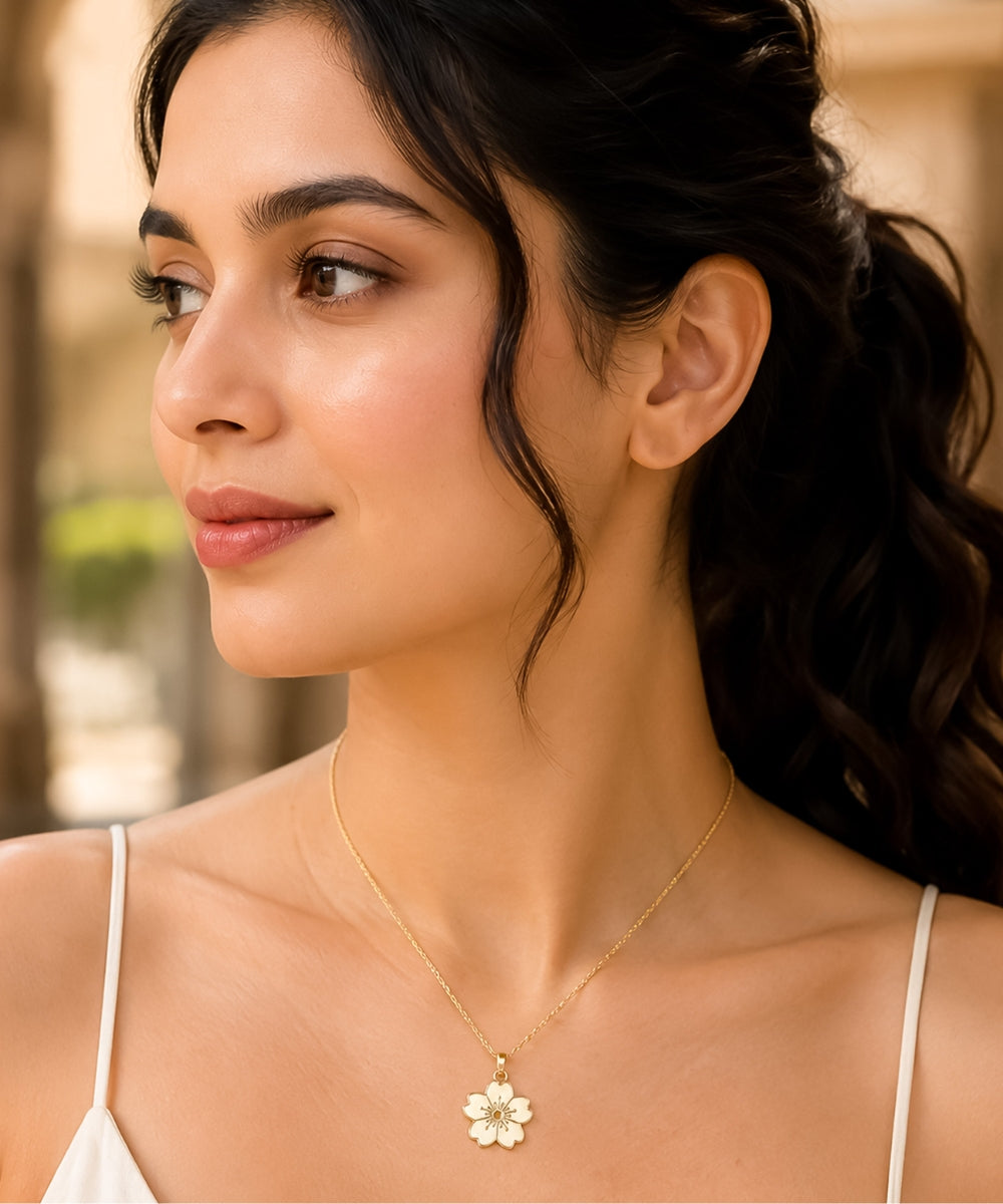 Gold Plated Beige Flower Pendant Necklace