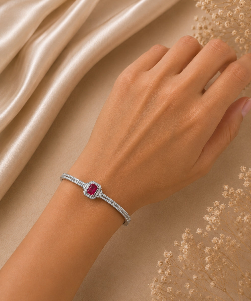 Rhodium Plated Pink Cubic Zirconia Halo Style Bracelet
