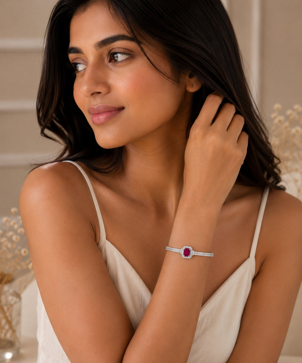 Rhodium Plated Pink Cubic Zirconia Halo Style Bracelet