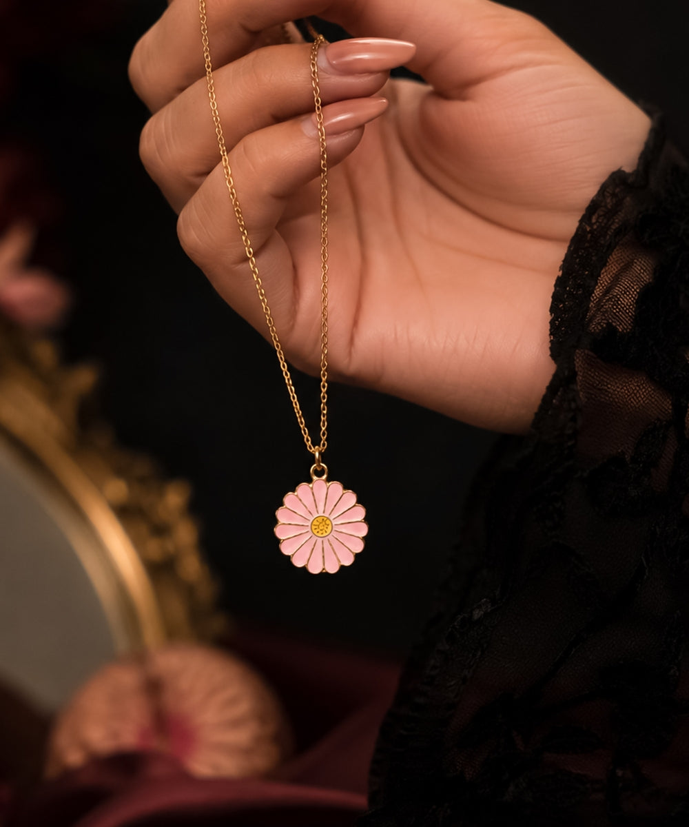 Gold Plated Pink Flower Pendant Necklace