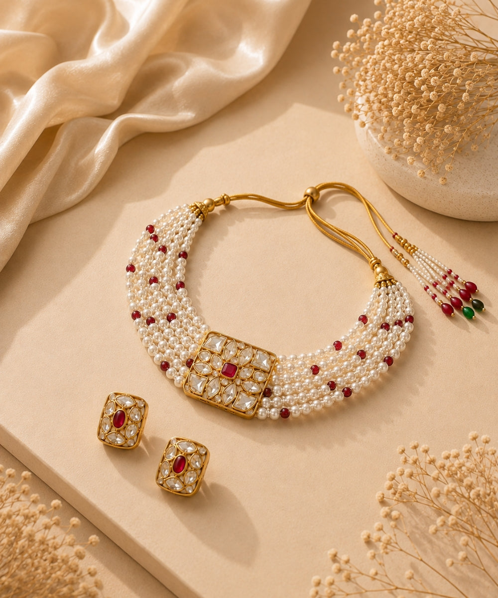 Gold Plated Pink Kundan Semi Cultured Pearl Choker Set