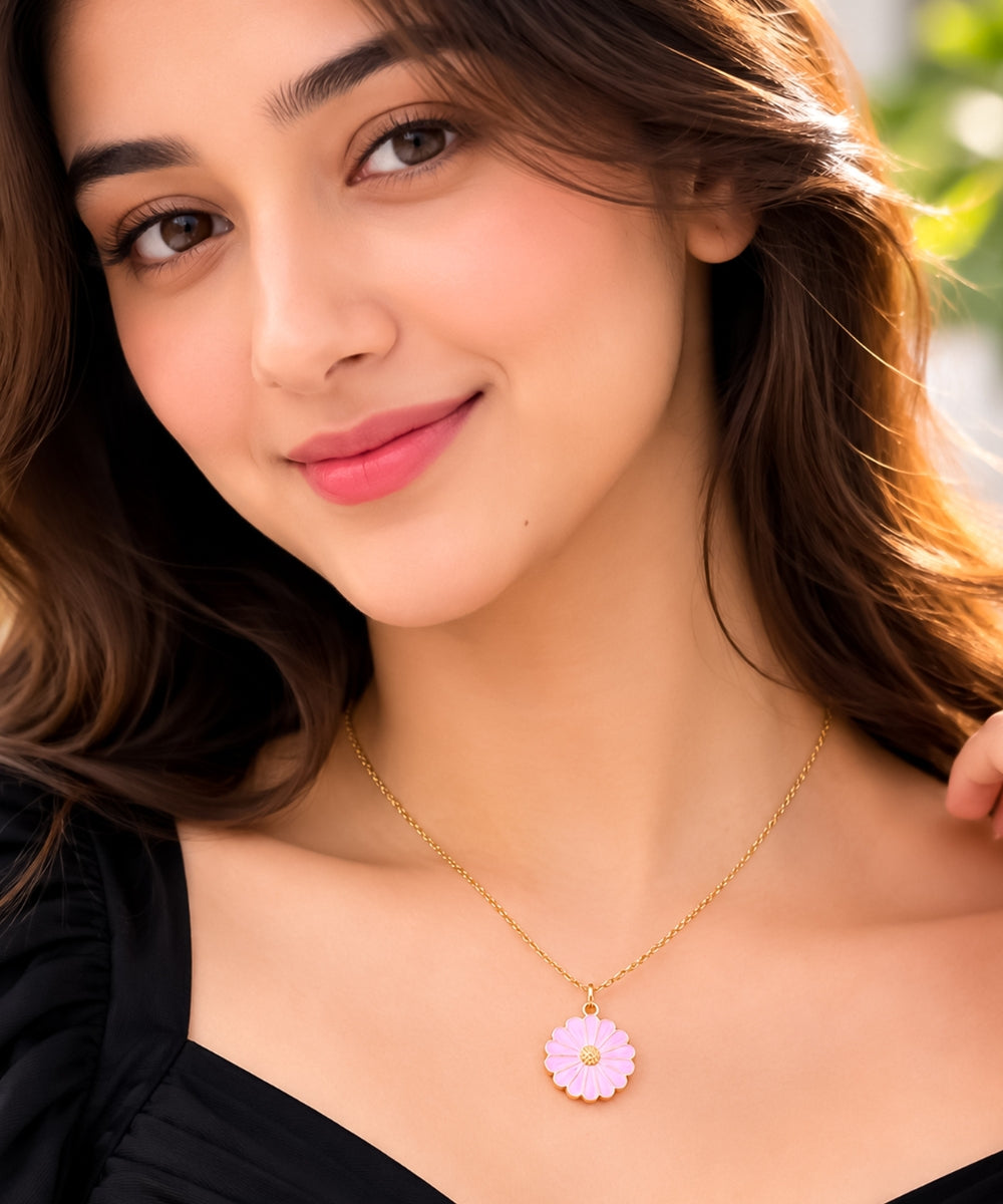 Gold Plated Pink Flower Pendant Necklace