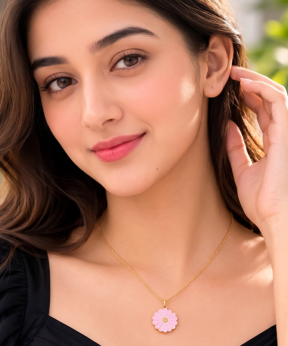 Gold Plated Pink Flower Pendant Necklace