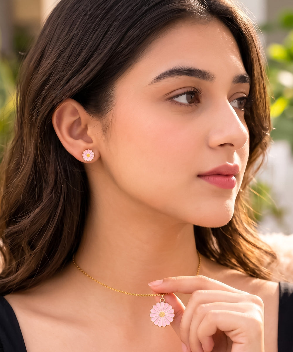 Gold Plated Pink Flower Pendant Necklace