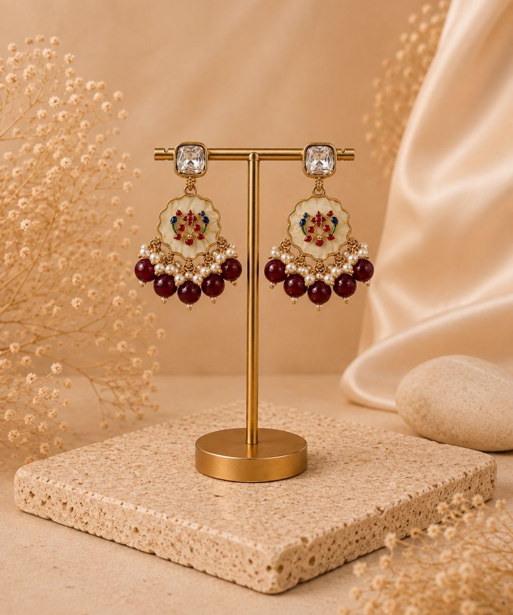 Gold Plated Kundan Maroon Pearl Drop Earrings