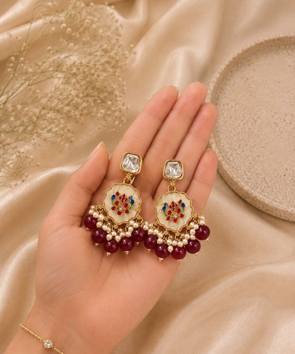 Gold Plated Kundan Maroon Pearl Drop Earrings
