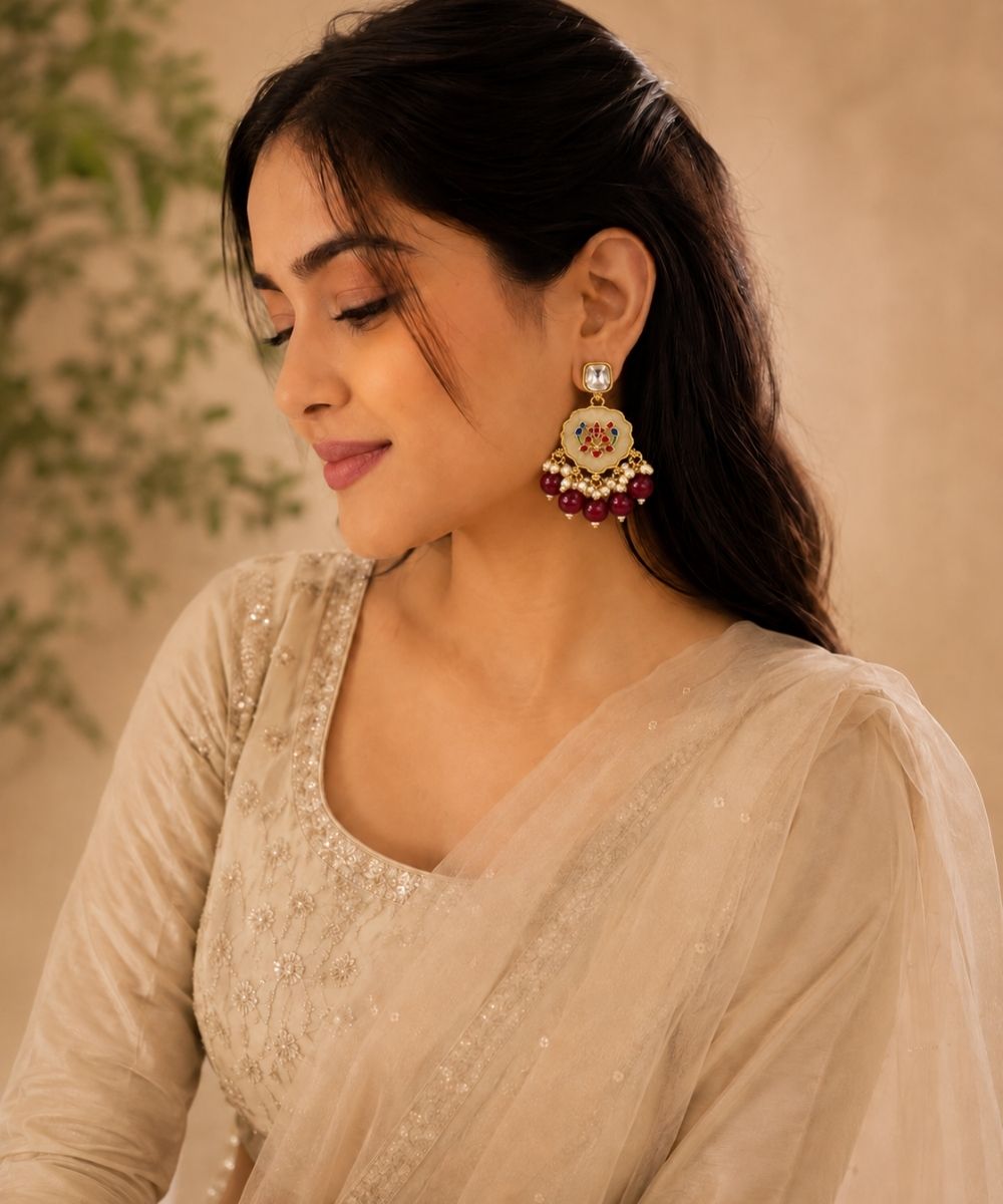 Gold Plated Kundan Maroon Pearl Drop Earrings