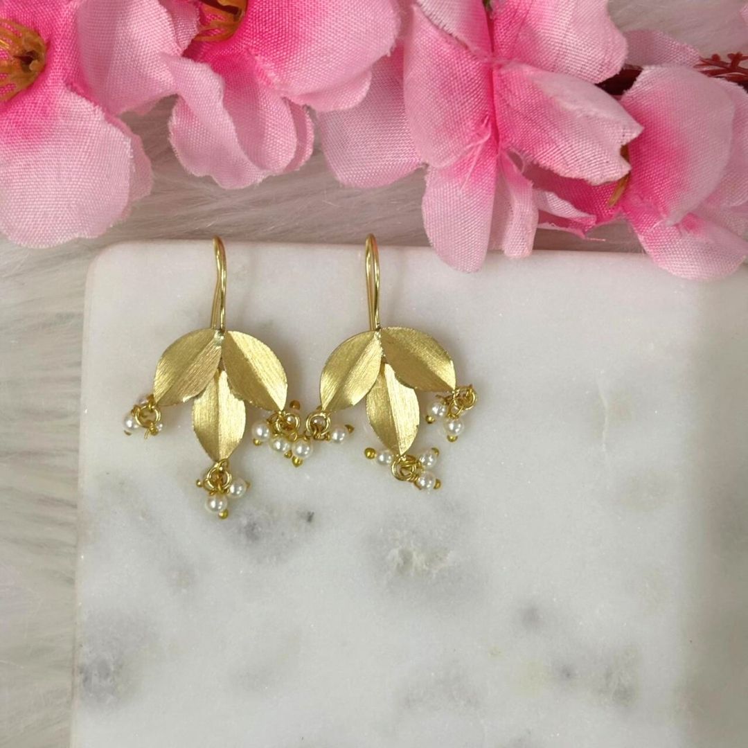 Gold-Plated Leaf Pearl Dangle Earrings