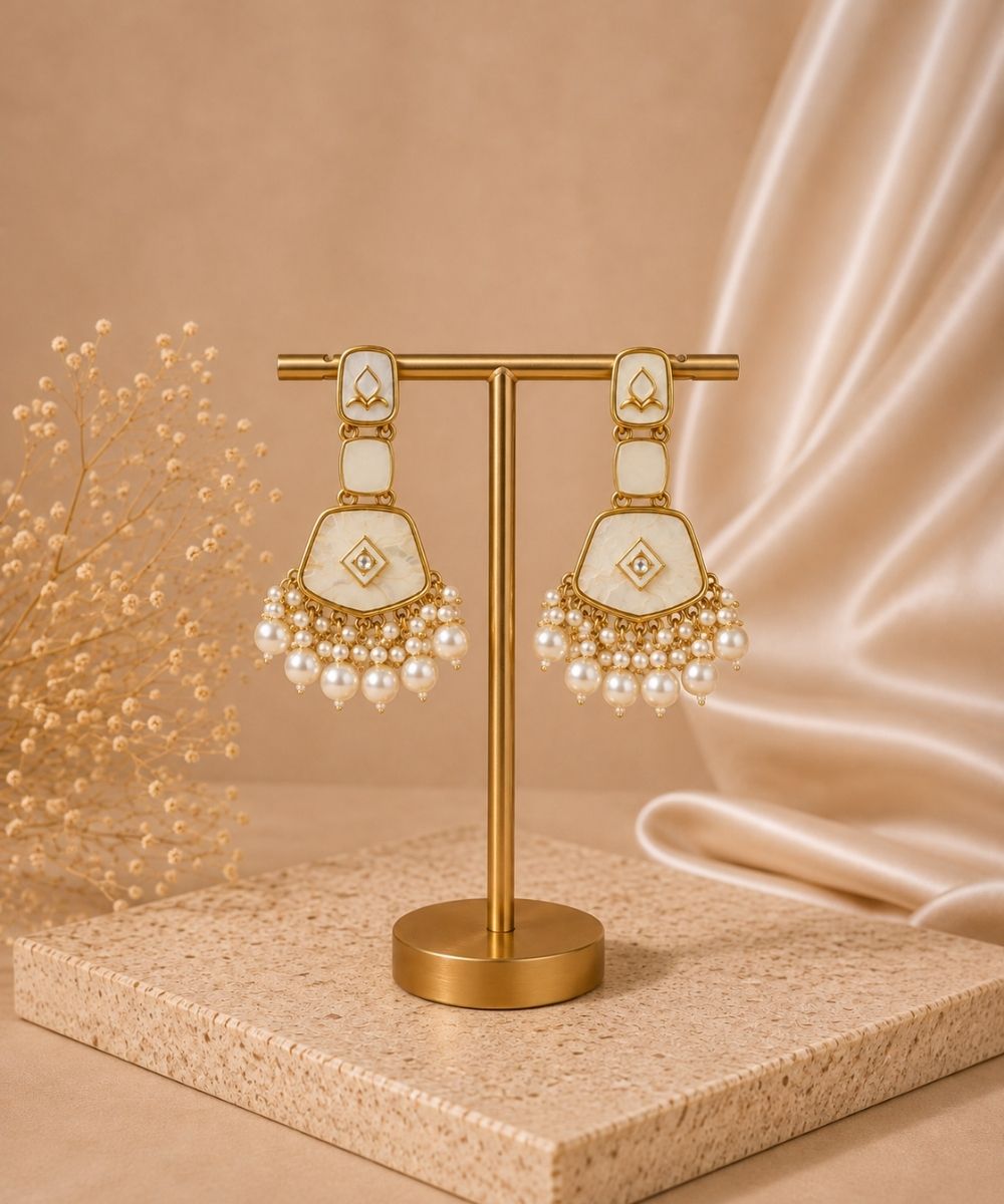 Gold Plated Kundan White Pearl Drop Earrings
