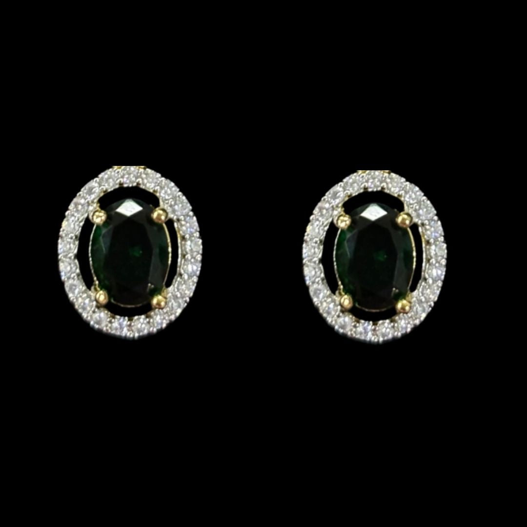 Green Emerald Luxe Gold-Plated Solitaire Halo Pendant & Earrings Set – A Regal Touch of Green