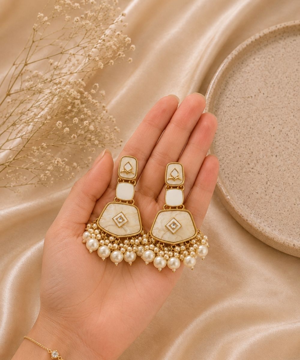 Gold Plated Kundan White Pearl Drop Earrings