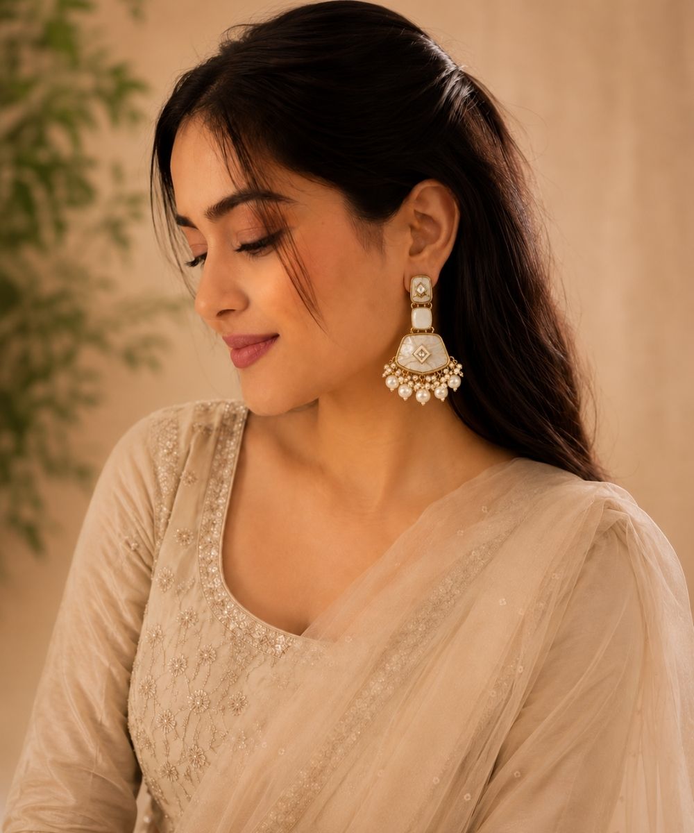 Gold Plated Kundan White Pearl Drop Earrings