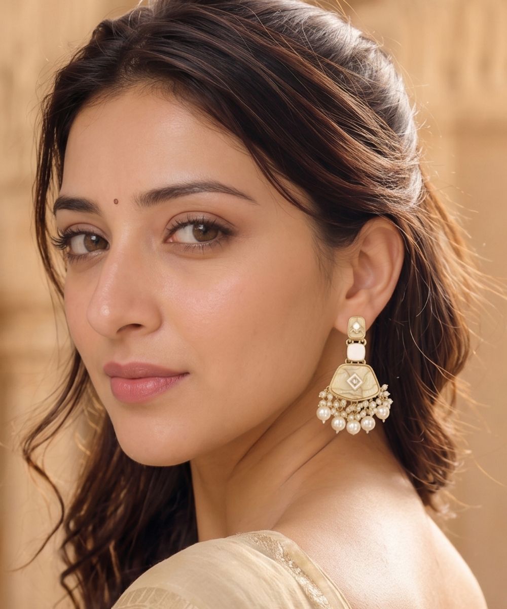 Gold Plated Kundan White Pearl Drop Earrings