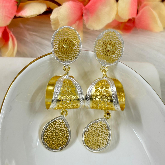 Bdiva Lightweight Filigree Gold & Silver Dual-Tone Drop Earrings