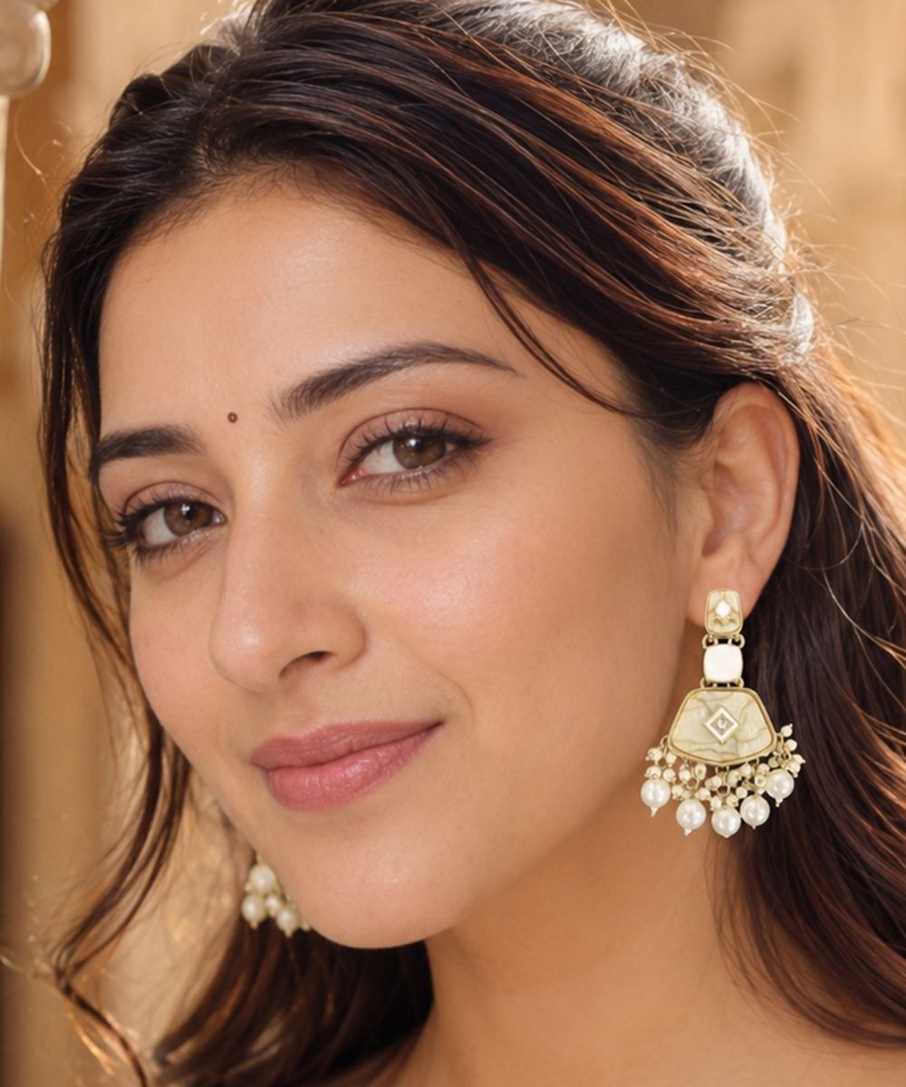 Gold Plated Kundan White Pearl Drop Earrings