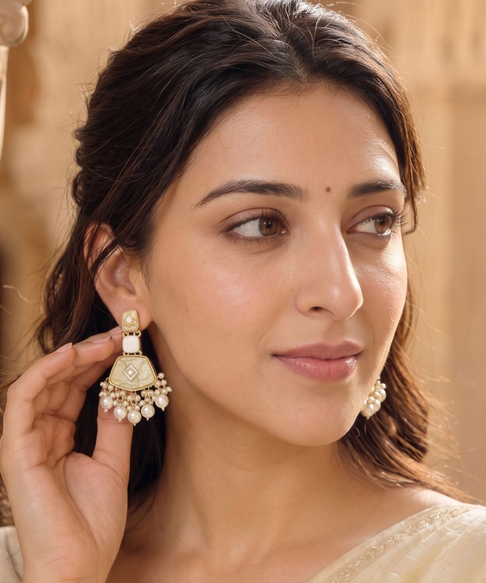 Gold Plated Kundan White Pearl Drop Earrings