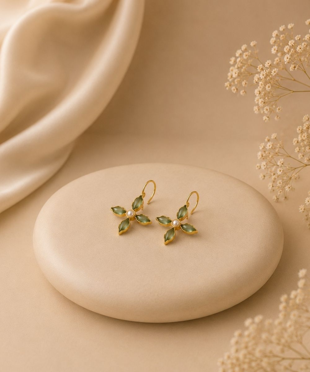 Gold Plated Green Floral Cubic Ziconia Pearl Drop Earrings