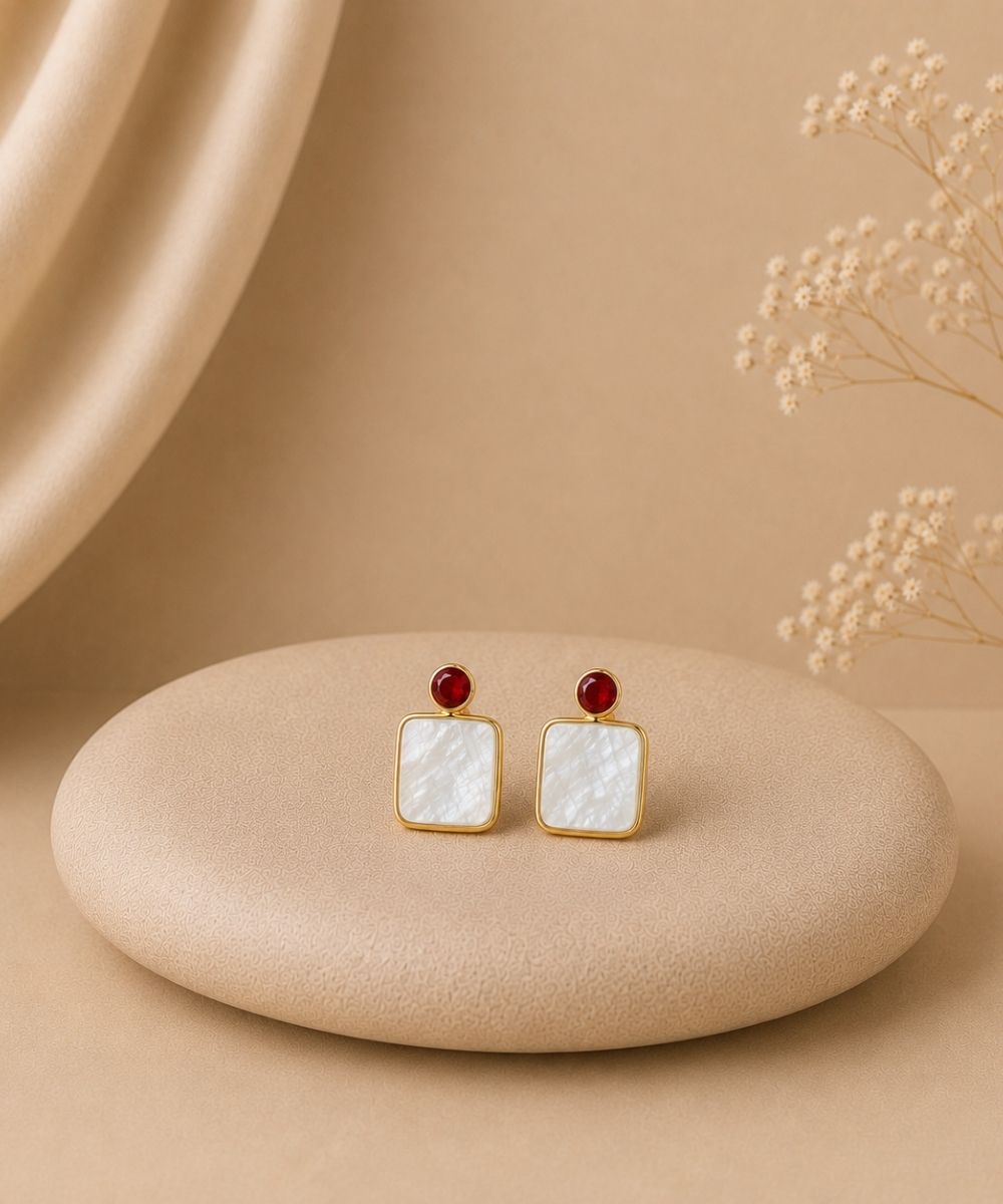 Gold Plated Mother of Pearl CZ Drop Earrings