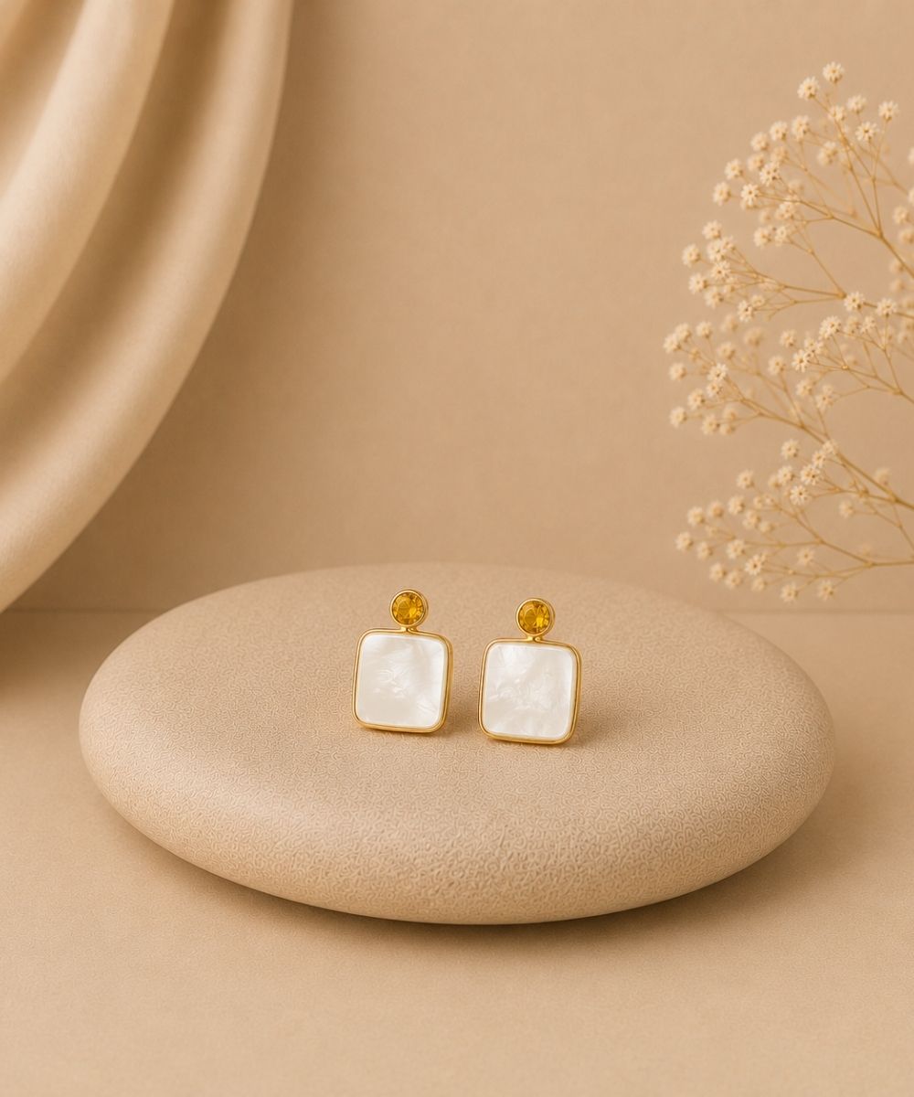 Gold Plated Mother of Pearl CZ Drop Earrings