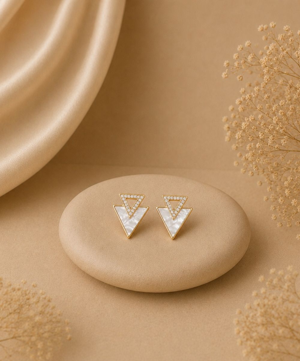 Gold Plated Triangle Shape Cubic Zirconia Stud Earrings