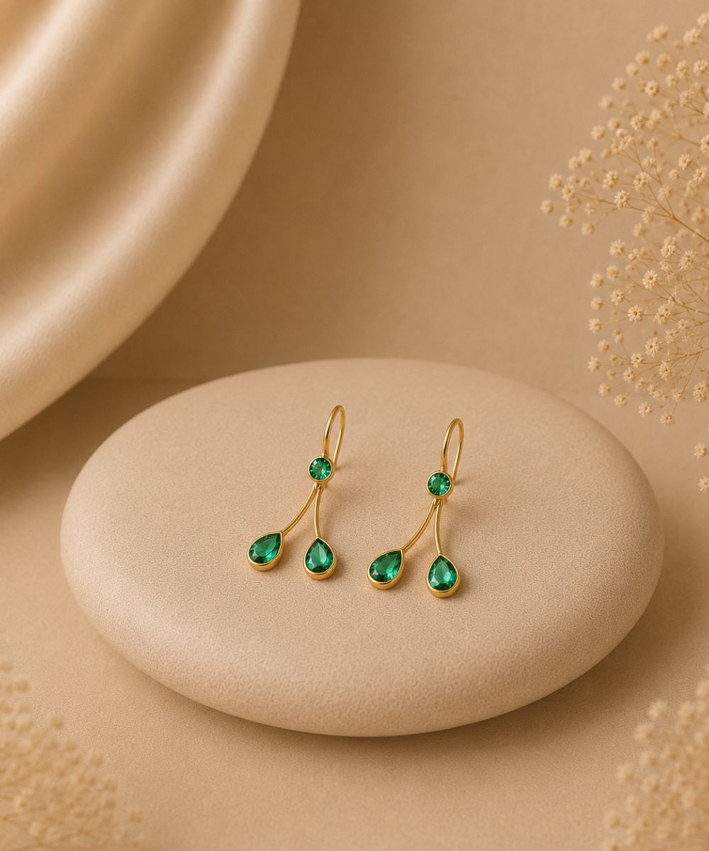 Gold Plated Green Cubic Zirconia Drop Earrings