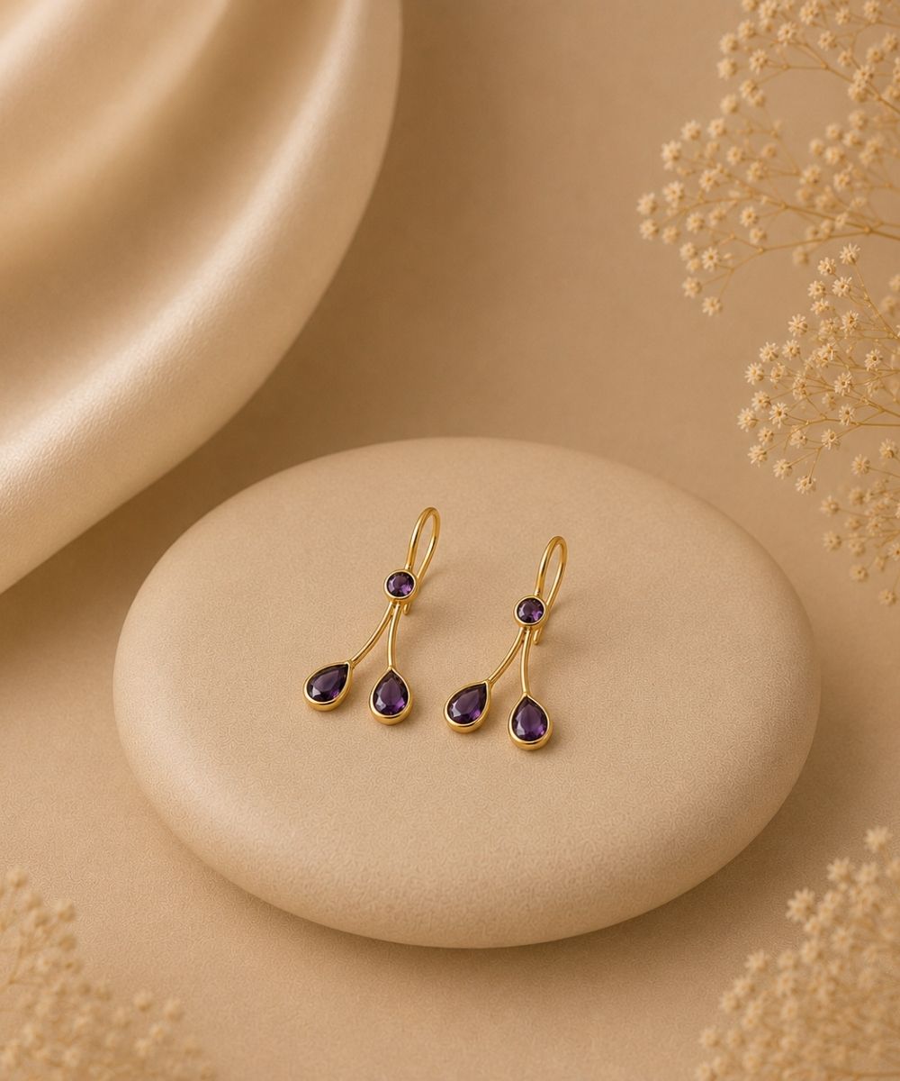 Gold Plated Purple Cubic Zirconia Drop Earrings