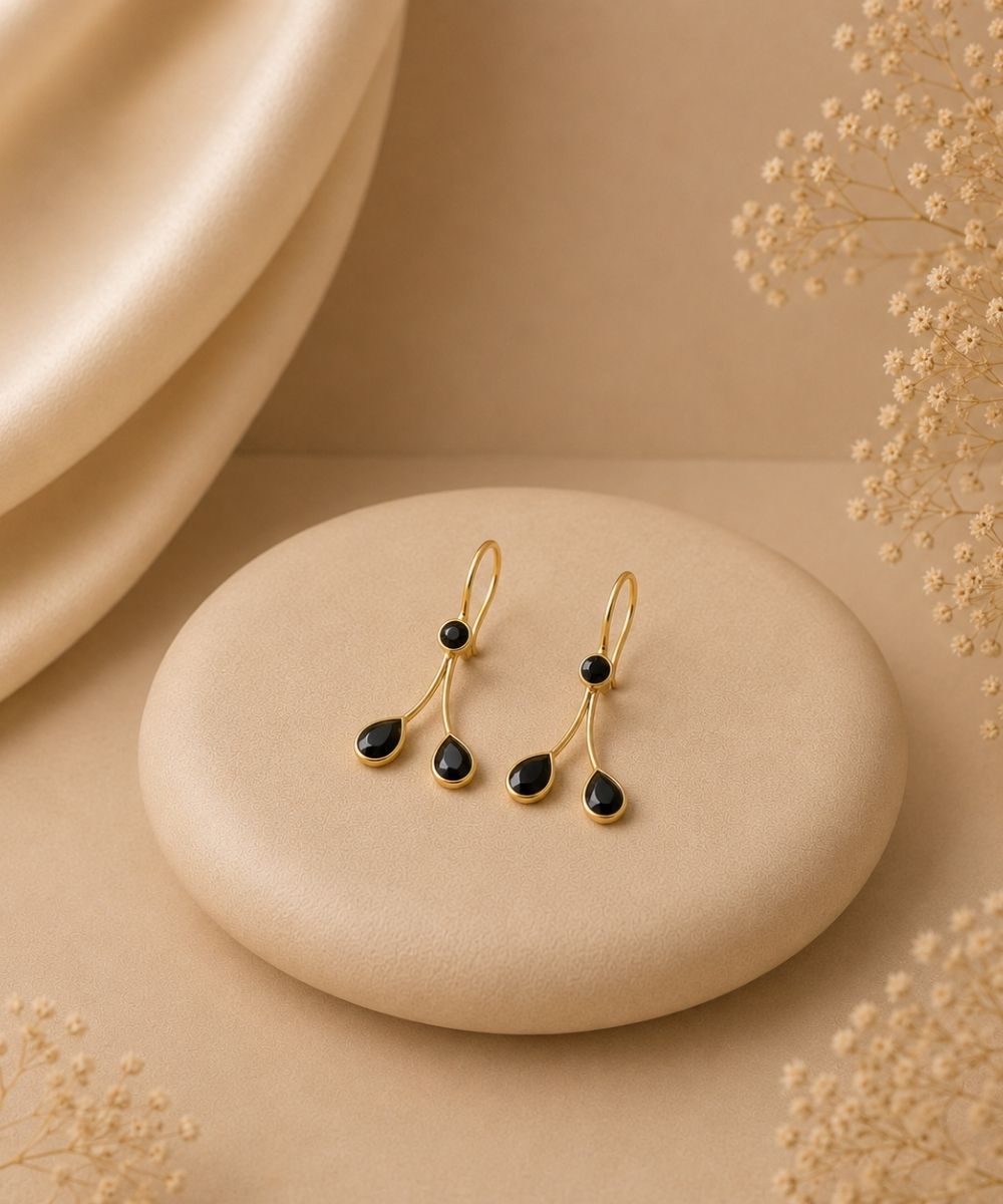 Gold Plated Black Cubic Zirconia Drop Earrings