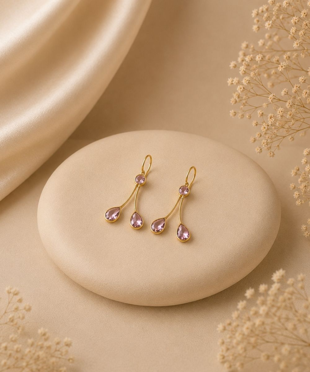 Gold Plated Light Pink Cubic Zirconia Drop Earrings