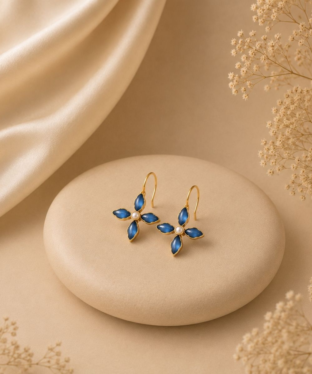 Gold Plated Blue Floral Cubic Ziconia Pearl Drop Earrings