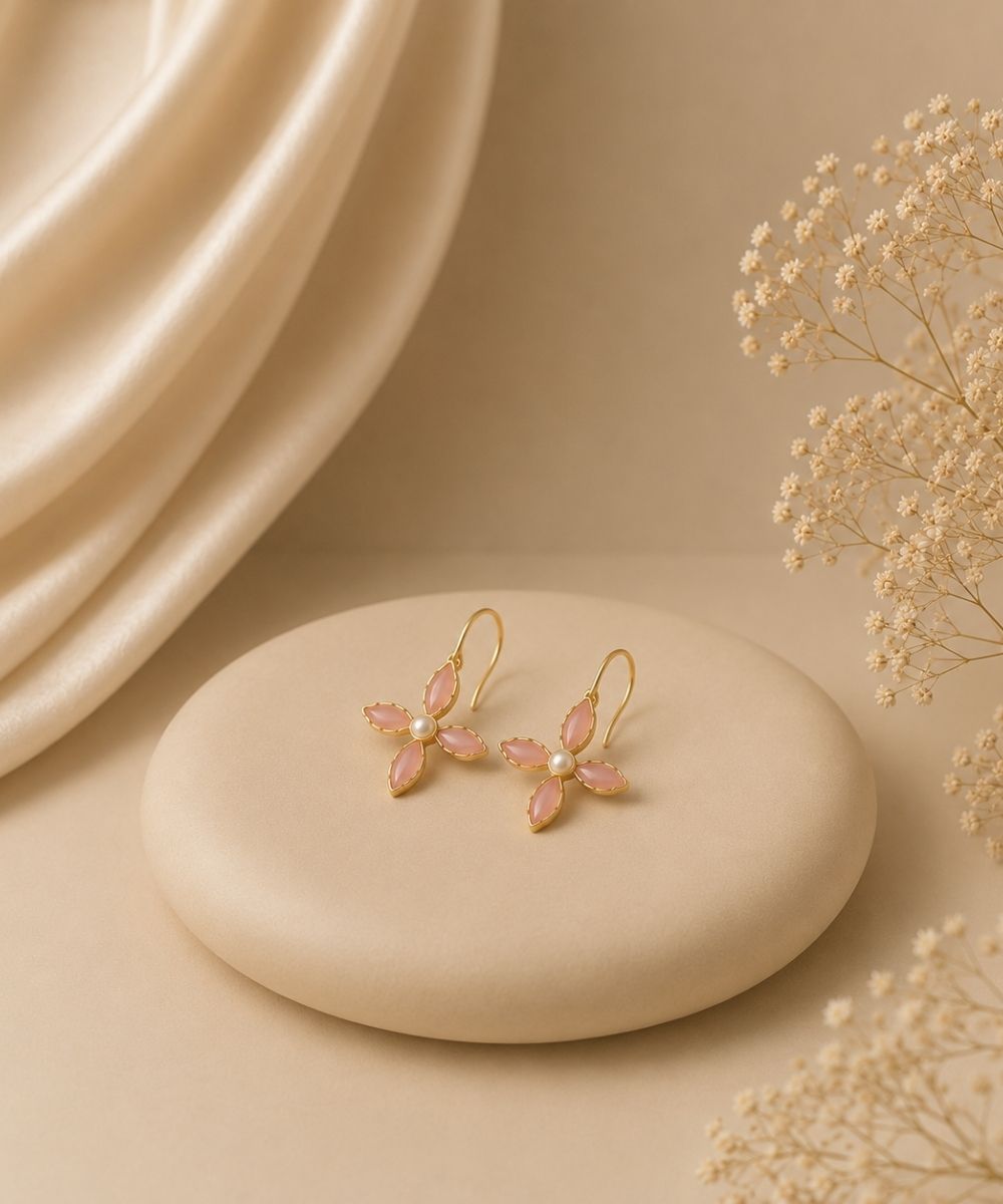 Gold Plated Floral Cubic Ziconia Pearl Drop Earrings