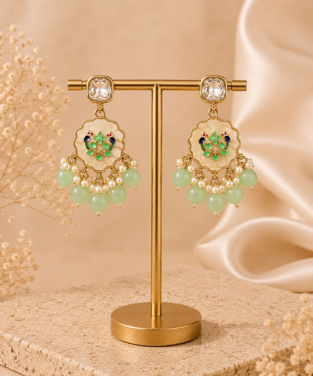 Gold Plated Kundan Green Pearl Drop Earrings