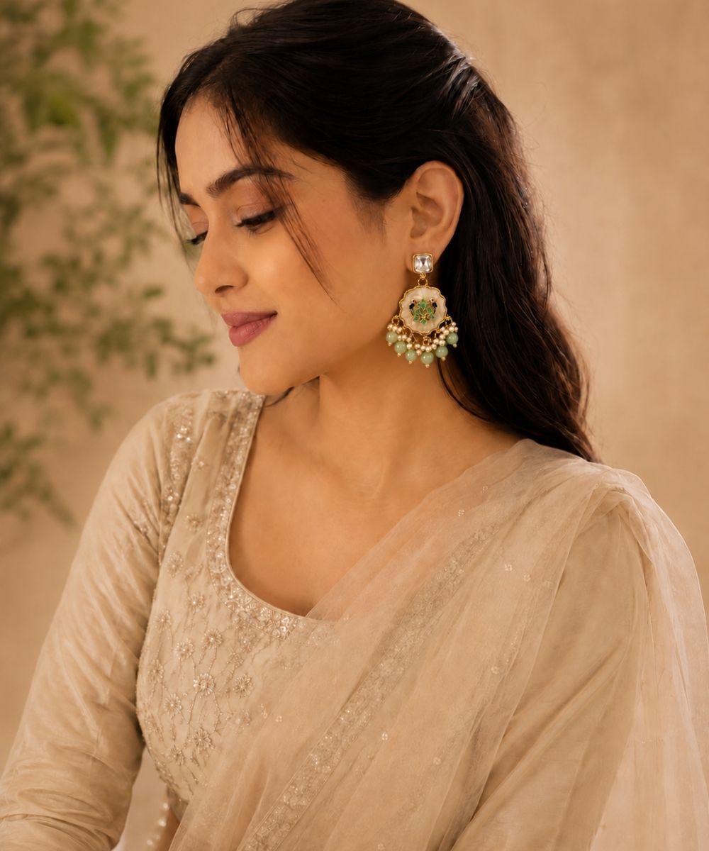 Gold Plated Kundan Green Pearl Drop Earrings