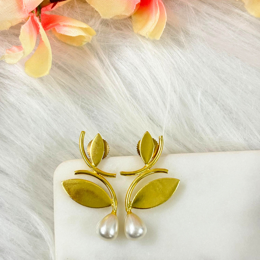 Bdiva 18K Gold Plated Leaf Pearl Drop Earrings with a Redefine Modern Elegance