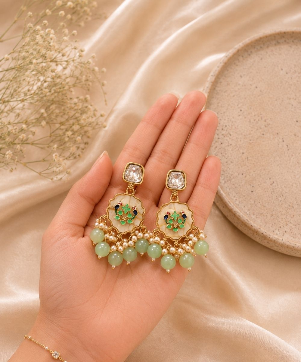 Gold Plated Kundan Green Pearl Drop Earrings