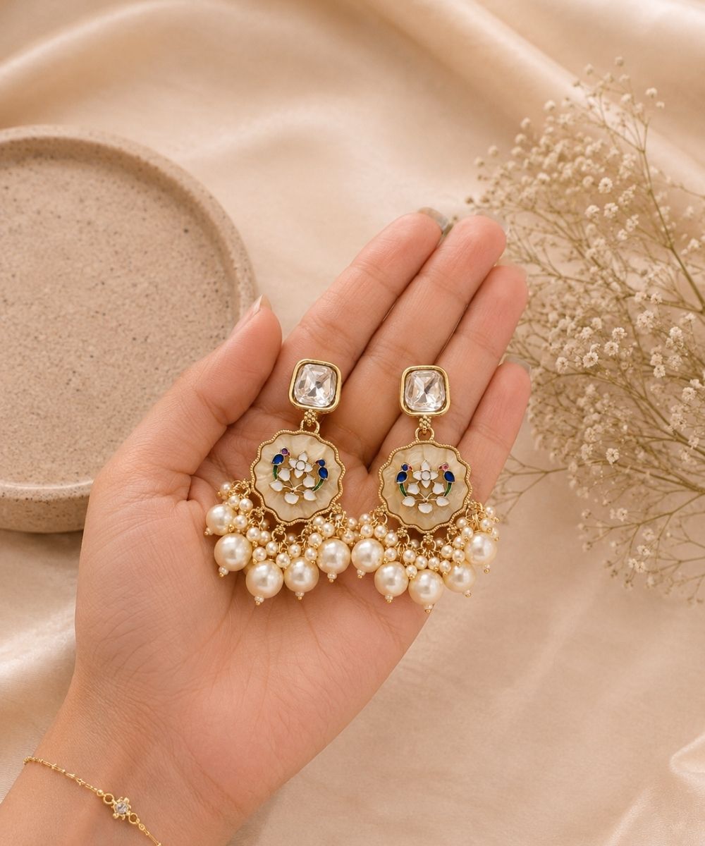 Gold Plated Kundan White Pearl Drop Earrings