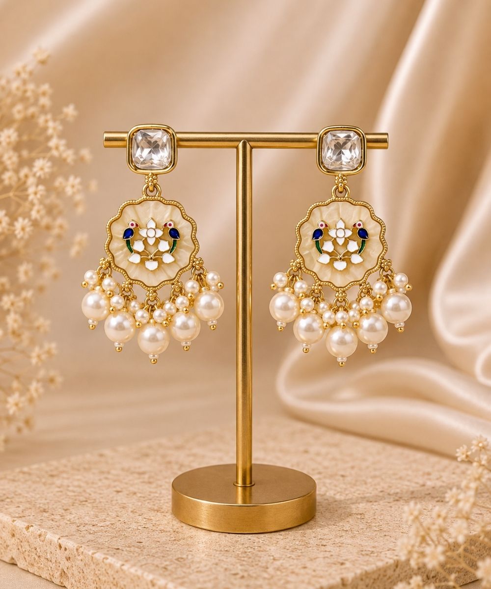 Gold Plated Kundan White Pearl Drop Earrings