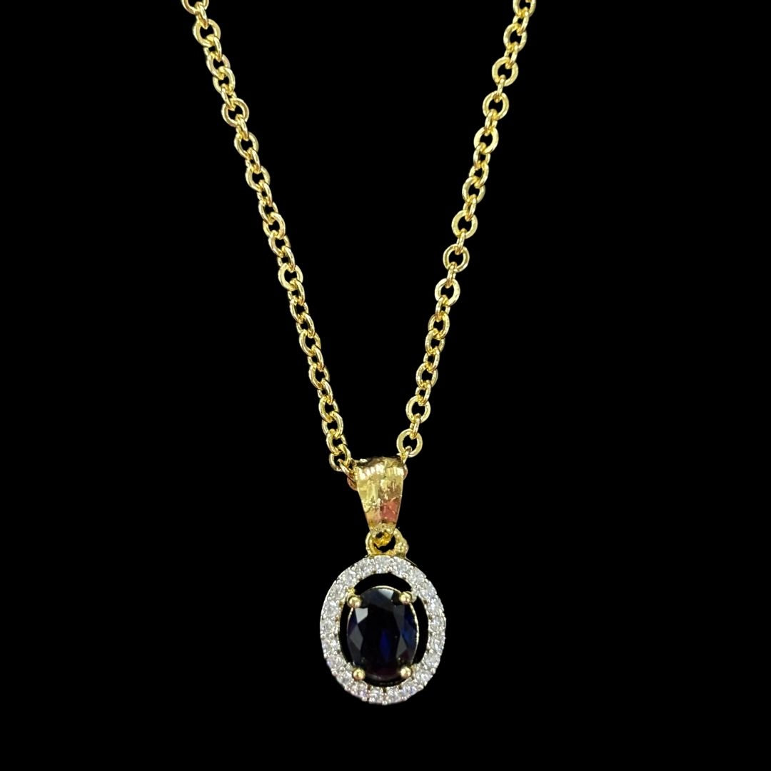 Blue Sapphire Luxe Gold-Plated Solitaire Halo Pendant & Earrings Set – A Regal Touch of Blue