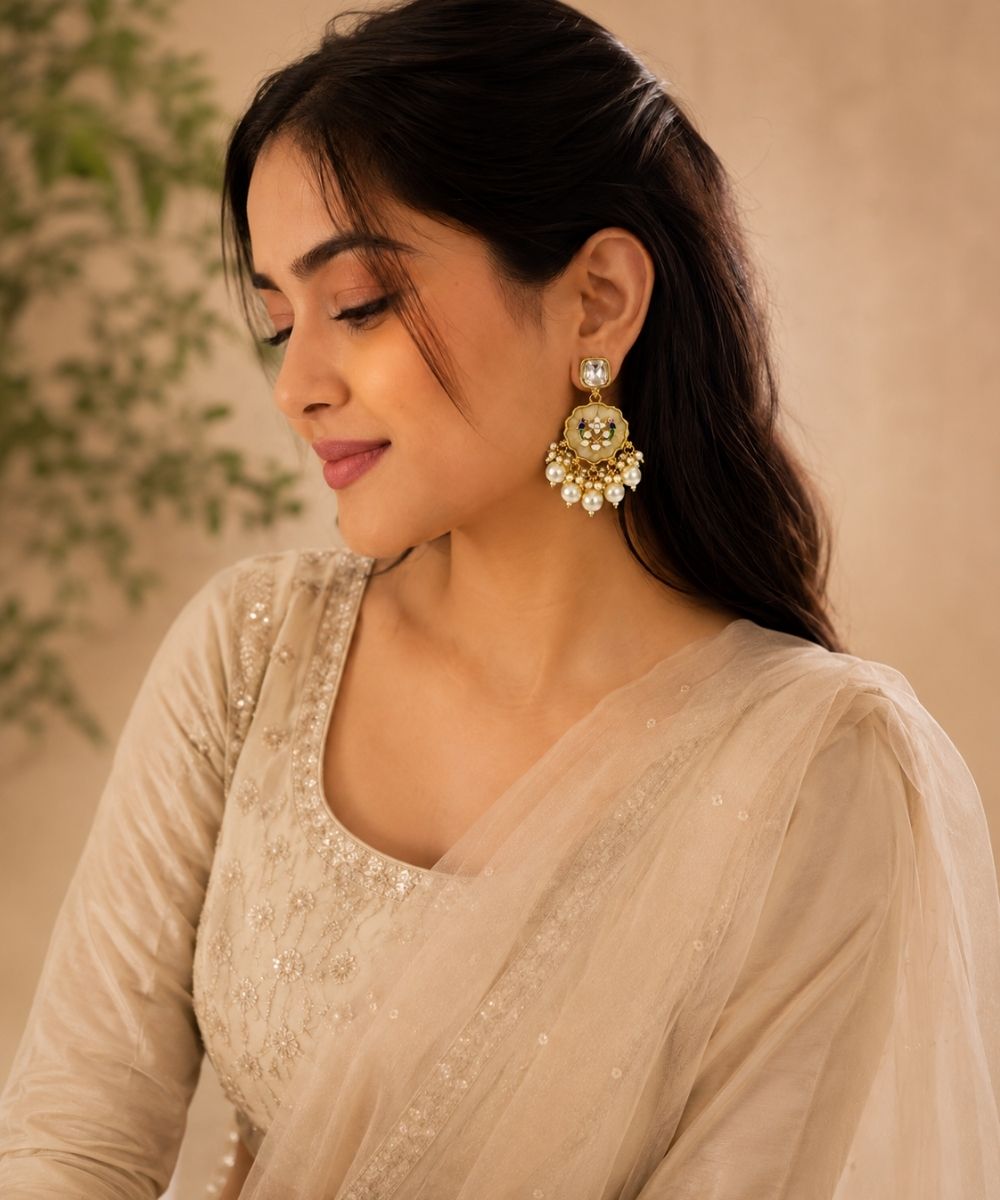 Gold Plated Kundan White Pearl Drop Earrings