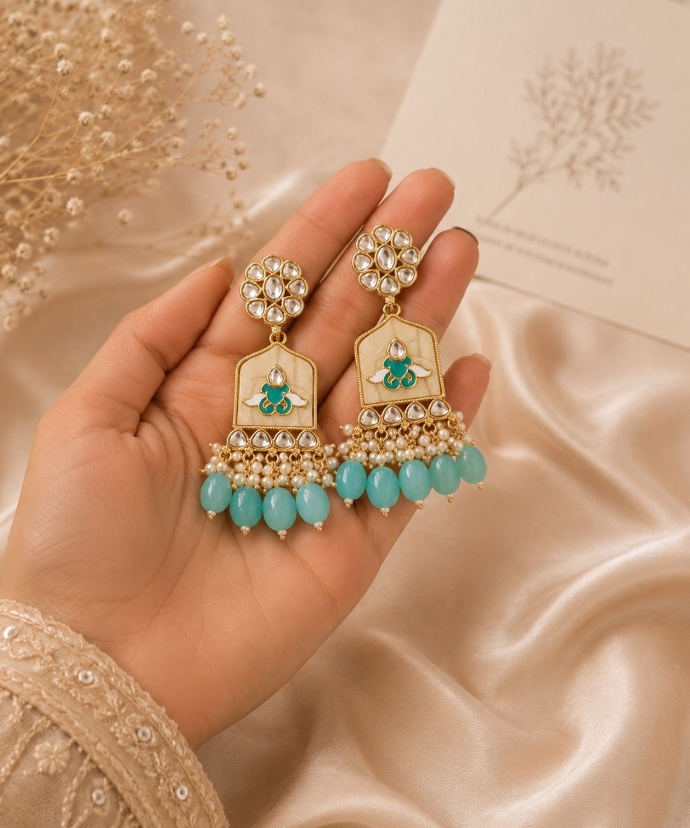 Gold Plated Kundan Blue Pearl Drop Earrings