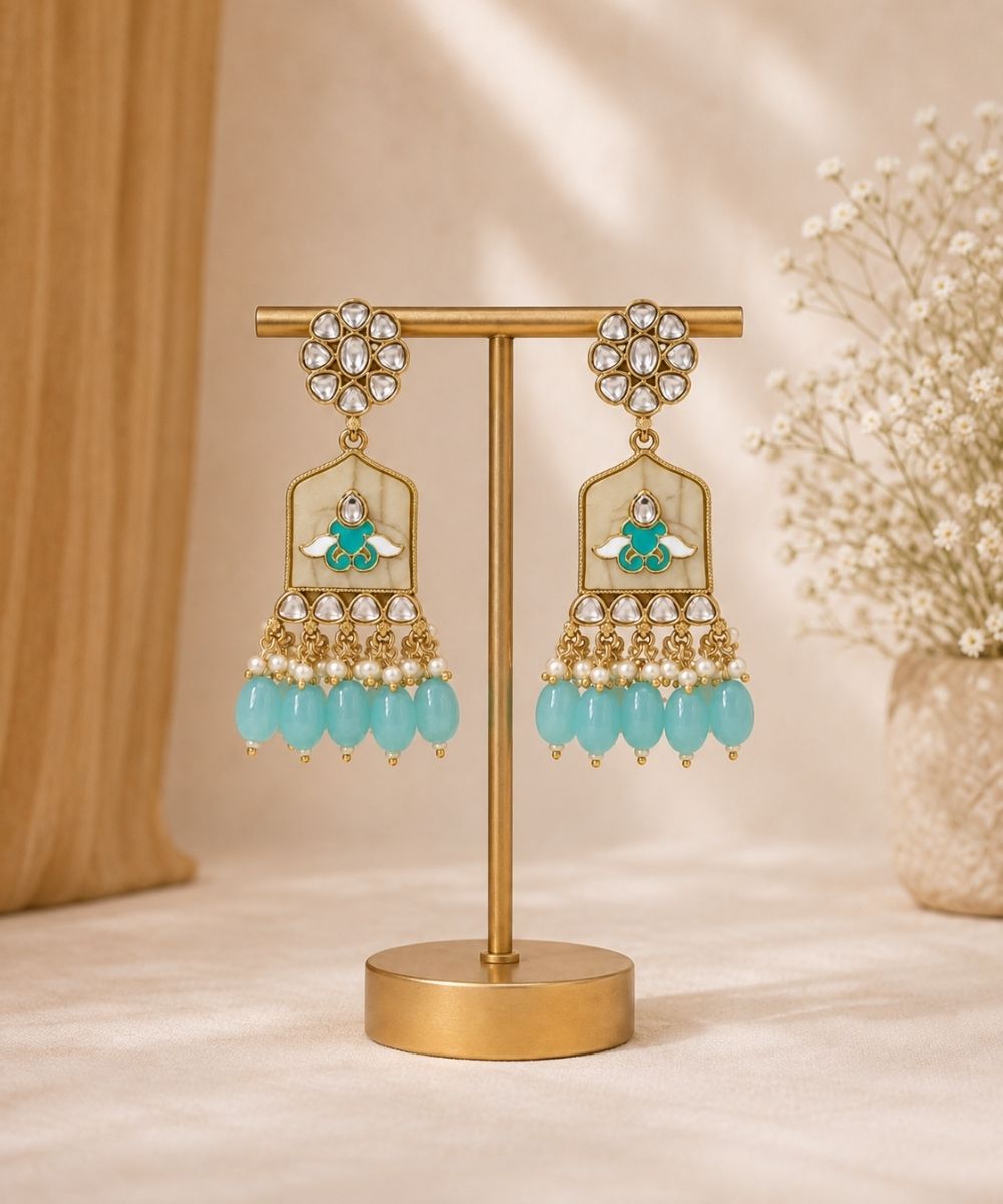Gold Plated Kundan Blue Pearl Drop Earrings