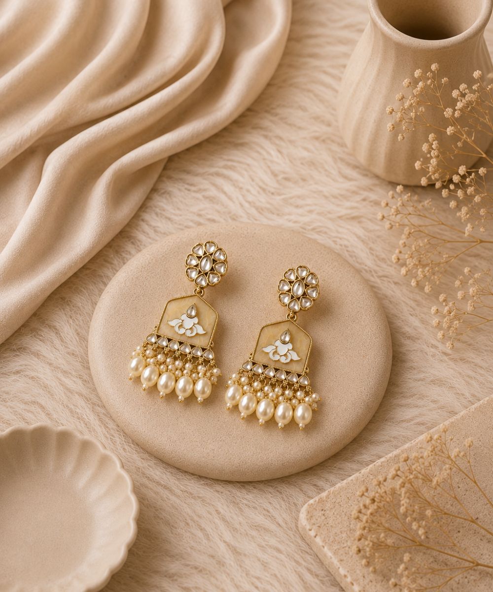 Gold Plated Kundan White Pearl Drop Earrings