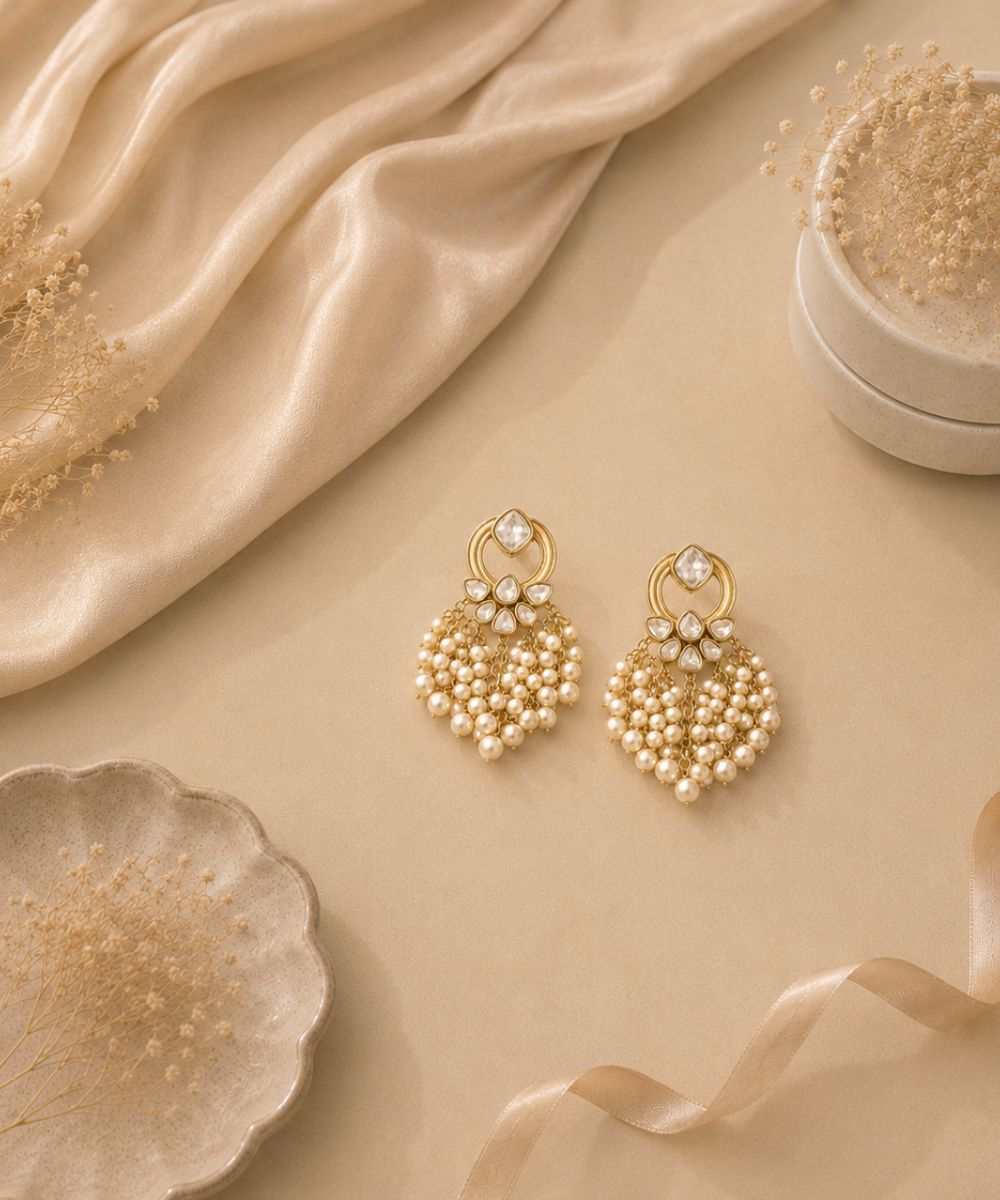 Gold Plated Kundan Pearl Drop Earrings
