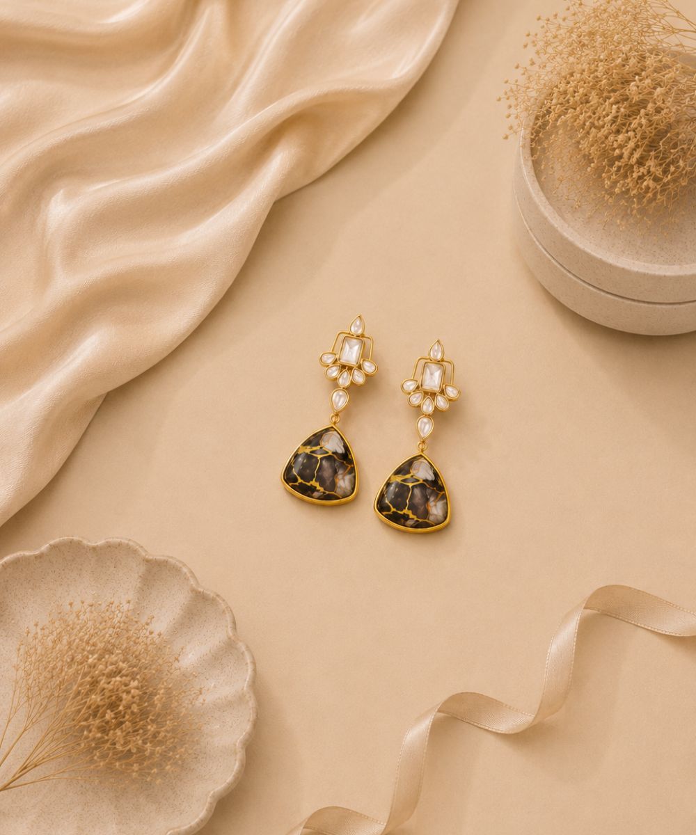Gold Plated Black Kundan Drop Earrings