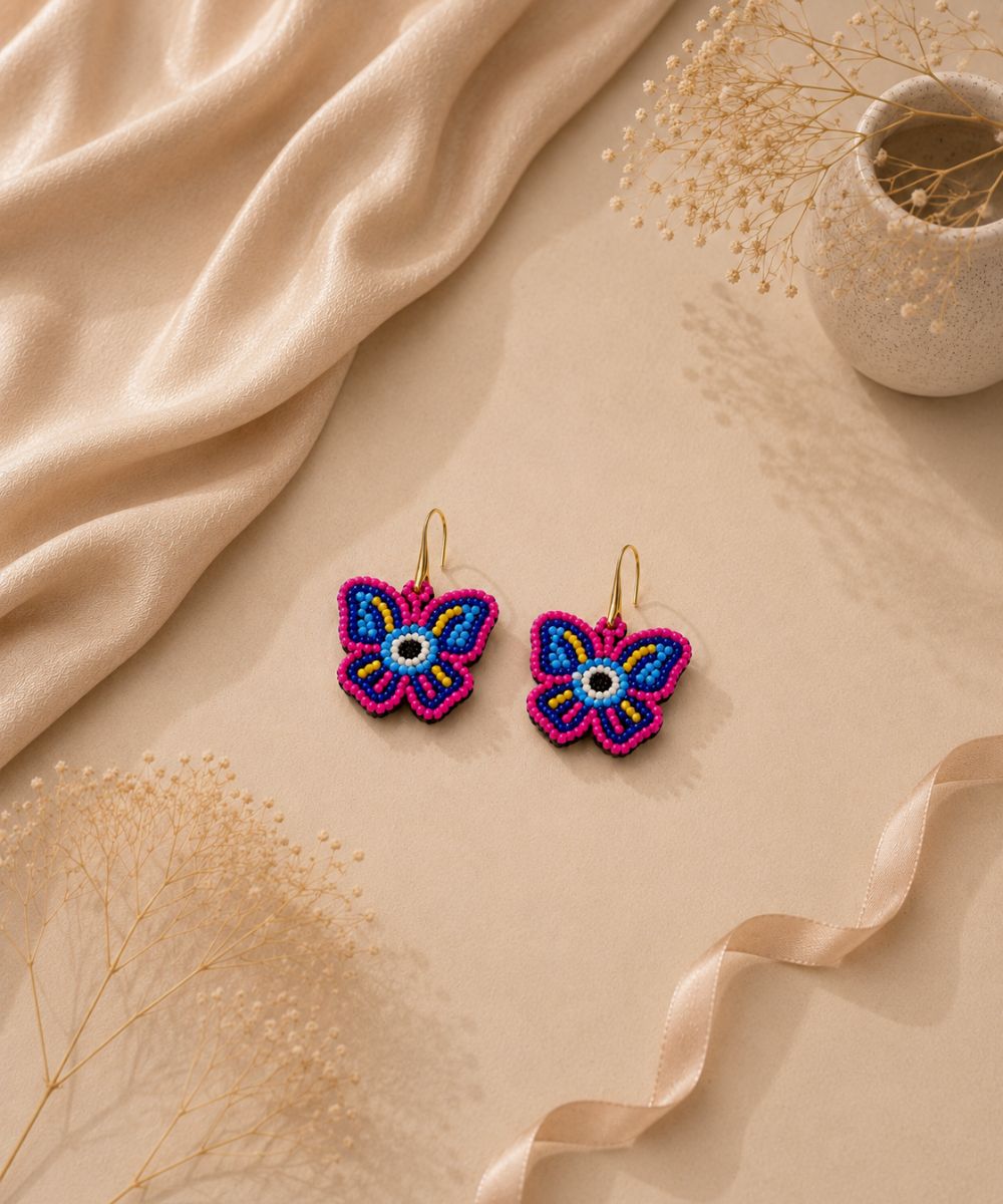 Gold Plated Multicolour Butterfly Seed Bead Drop Earrings
