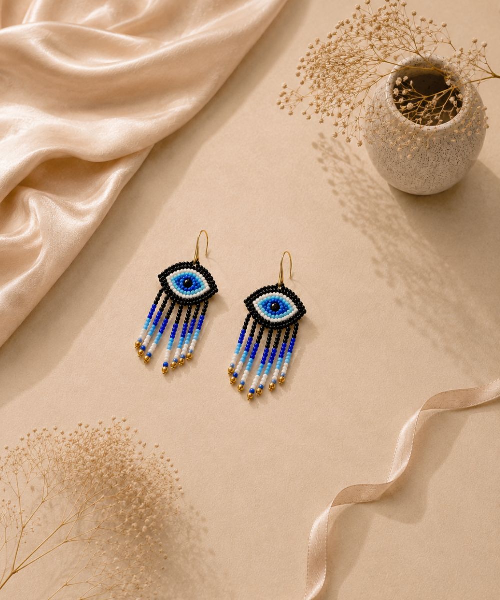 Gold Plated Evil Eye Seed Bead Drop Earrings