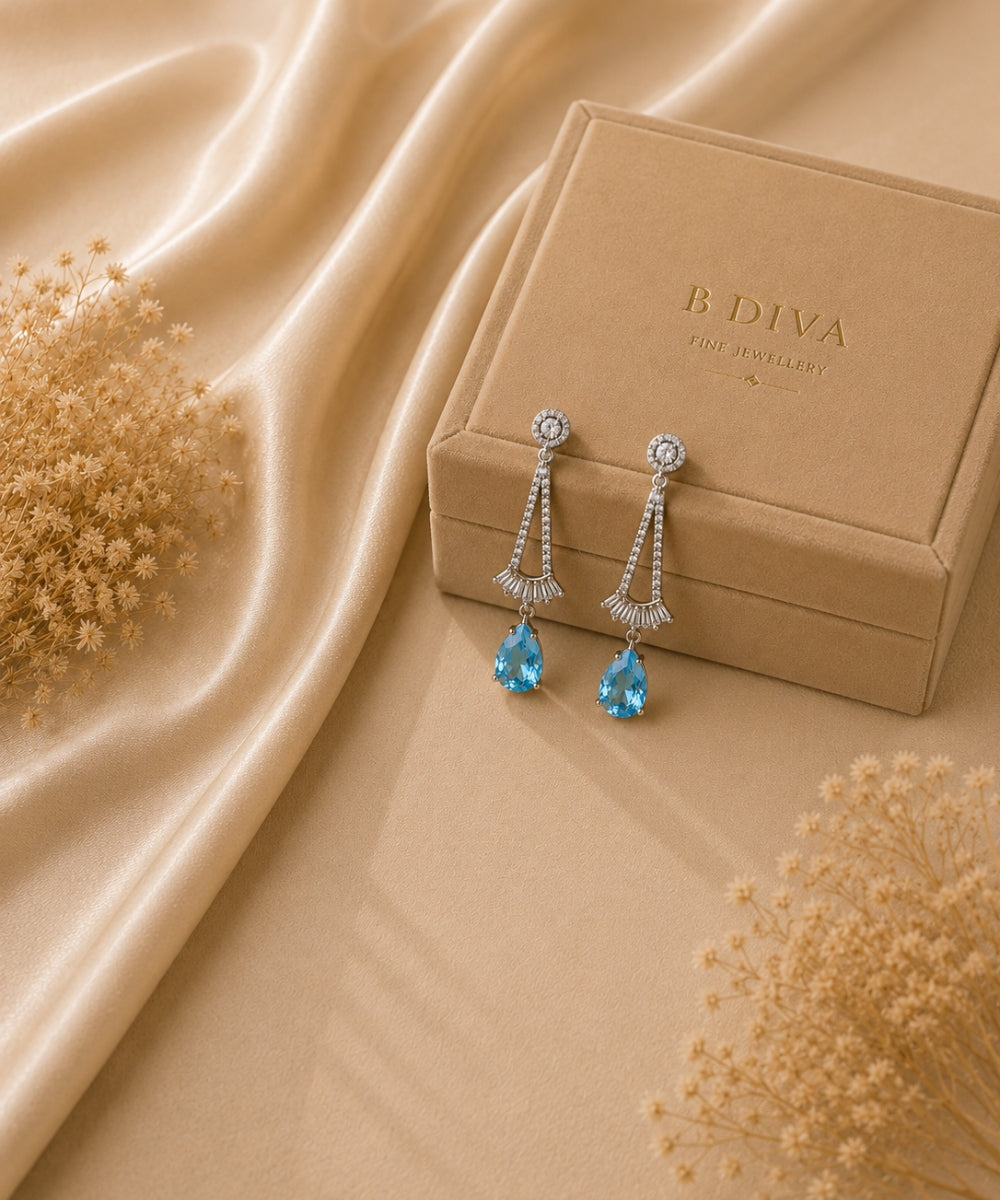 Rhodium Plated Blue Cubic Zirconia Drop Earrings