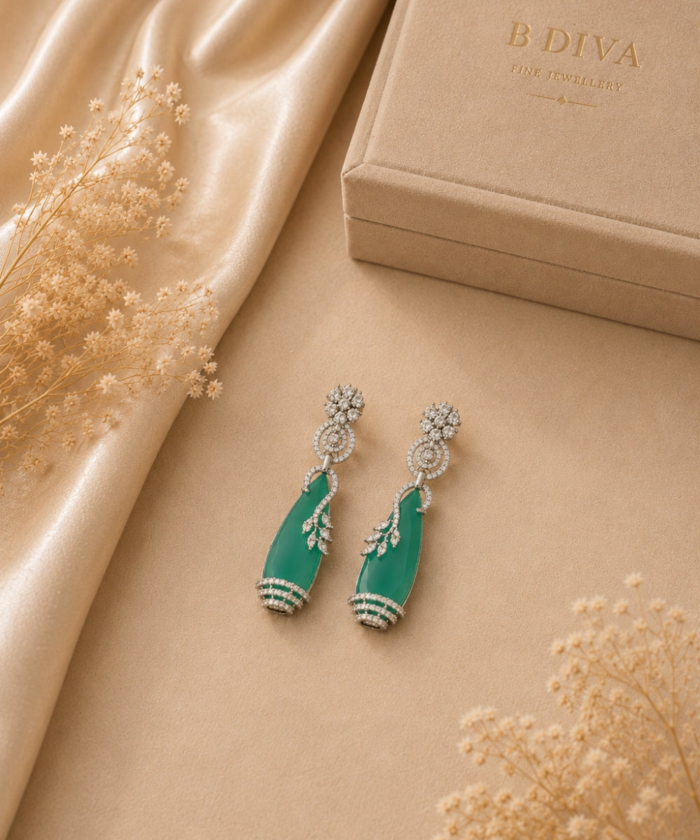 Rhodium Plated Green Cubic Zirconia Drop Earrings