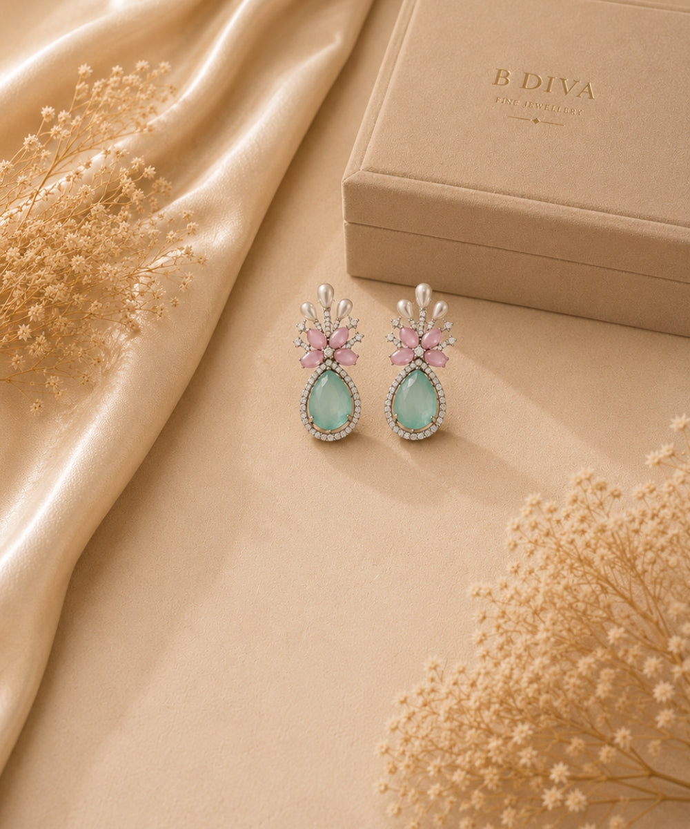 Rhodium Plated Multi Color Cubic Zirconia Drop Earrings