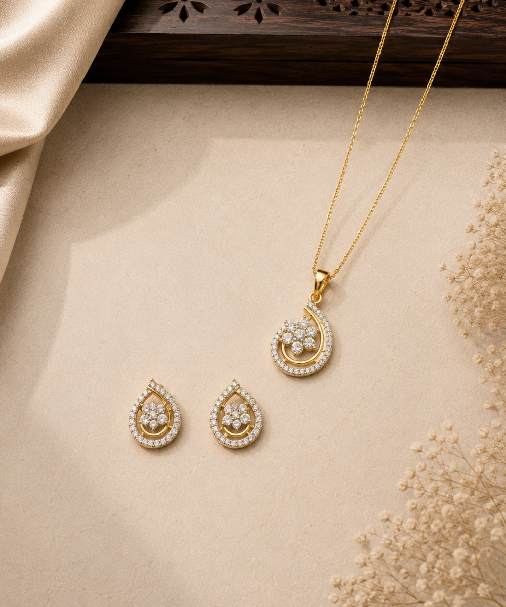 Gold Plated Cubic Zirconia Floral Pendant Set